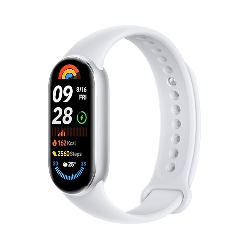Xiaomi Smart Band 9 in Polar Silver features a sleek, rounded display, white silicone strap, and vibrant screen showing date, steps, and heart rate.