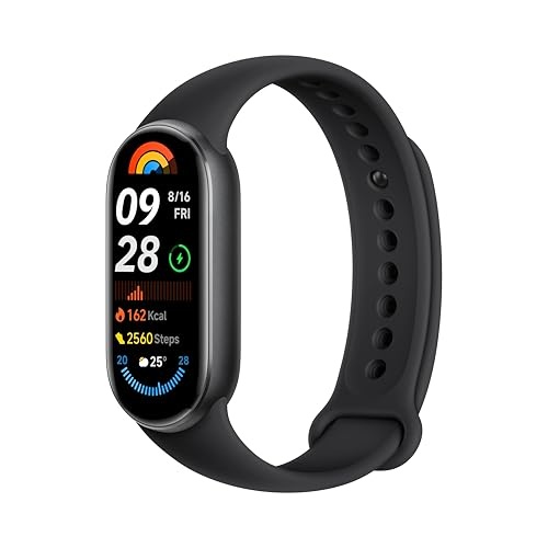 Xiaomi Smart Band 9 in Midnight Black features a sleek oval display, silicone strap, and fitness tracking metrics including steps, calories, and heart rate.