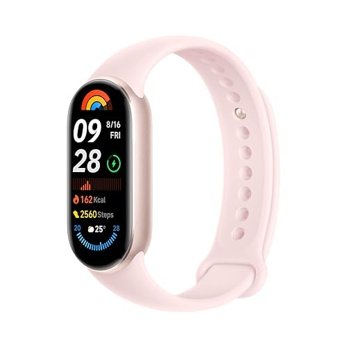 Xiaomi Smart Band 9 in pink features a sleek design, a vibrant display showing date, steps, and calories, with a comfortable silicone strap and a metallic frame.