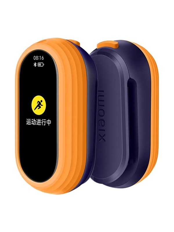 Xiaomi Smart Band 9 Running Clip in orange and navy blue, featuring a sleek design, a display showing a running icon, and a compact, lightweight body for easy attachment.