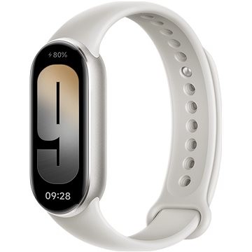 Xiaomi Smart Band 9 in Titan Gray features a sleek design with a curved display, showing the time and battery percentage, and a soft silicone strap with ventilation holes.