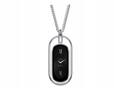 Sleek silver pendant with a black oval display, featuring a digital clock and battery indicator, suspended from a chain.