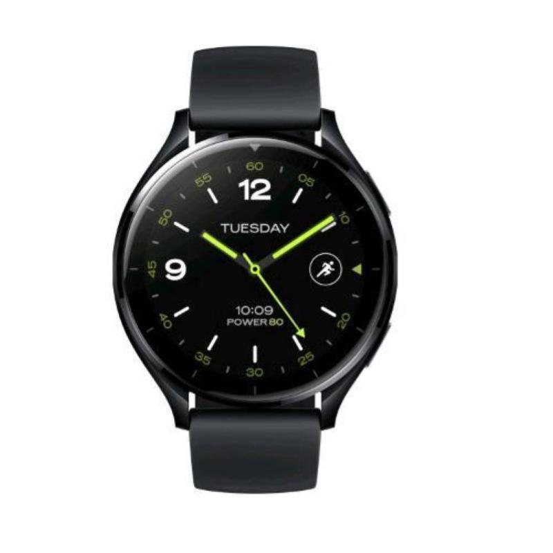 Xiaomi Watch 2 in black features a round face, green accents on the dial, a digital display showing the day and time, and a sleek black silicone strap.