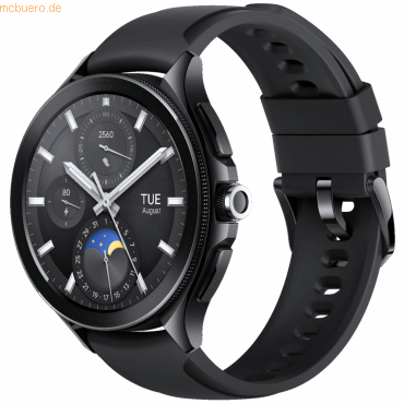 Xiaomi Watch 2 Pro features a sleek black case, a black fluor strap, and a round display with multiple dials showing time, date, and moon phase.