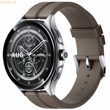 Xiaomi Watch 2 Pro in silver with a black dial, featuring intricate gear designs, a stainless steel case, and a brown silicone strap.