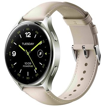 Xiaomi Watch 2 in Titan Gray features a sleek round display, black face with white hour markers, and a soft beige silicone strap with adjustable buckle.