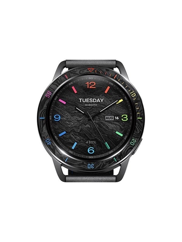 Black stainless steel bezel case for Xiaomi Watch, featuring a textured black dial with colorful hour markers and a sleek black strap, showcasing a modern and stylish design.