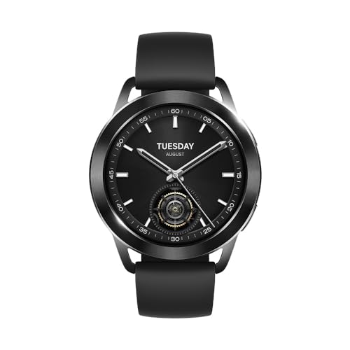 Black Xiaomi Watch S3 features a 1.43" AMOLED touchscreen with a 466 x 466 pixel display, a sleek black case, and a durable strap, showcasing a modern digital interface.