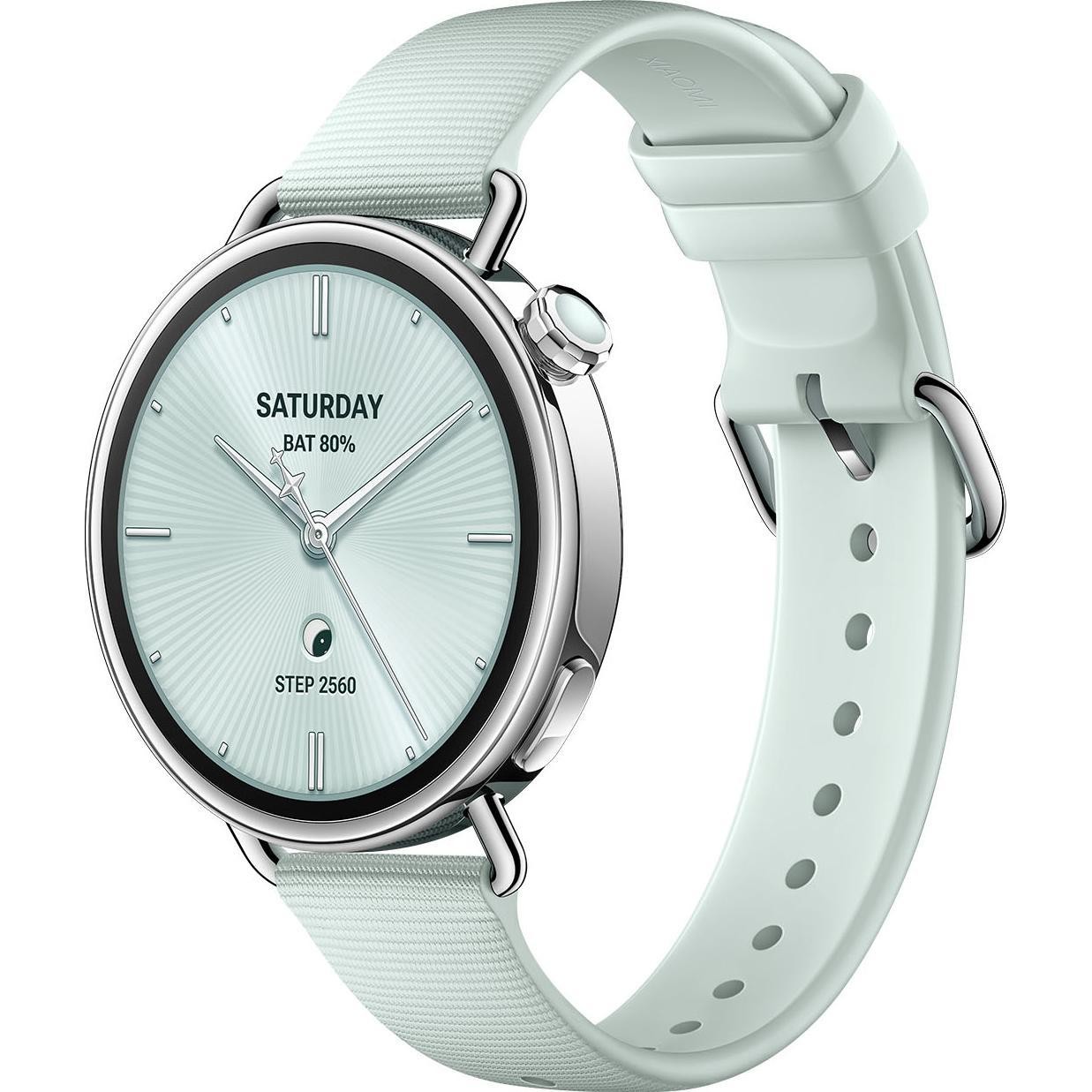 Xiaomi Watch S4 in mint green with a sleek round face, silver accents, a textured silicone strap, and a digital display showing battery life and step count.