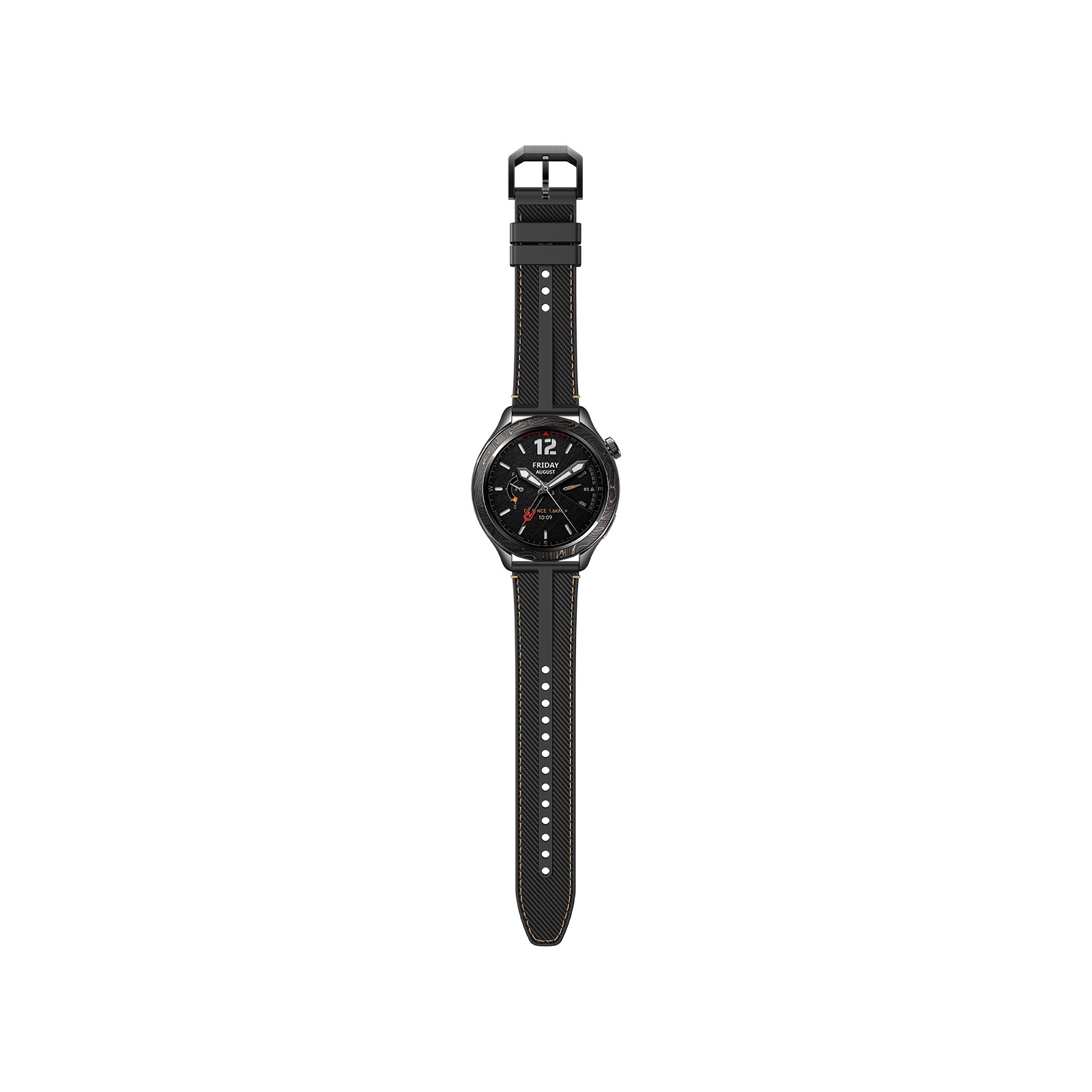 Xiaomi Watch S4 in Midnight Carbon features a sleek black bezel and a textured black strap with white stitching, showcasing a modern, sporty design.
