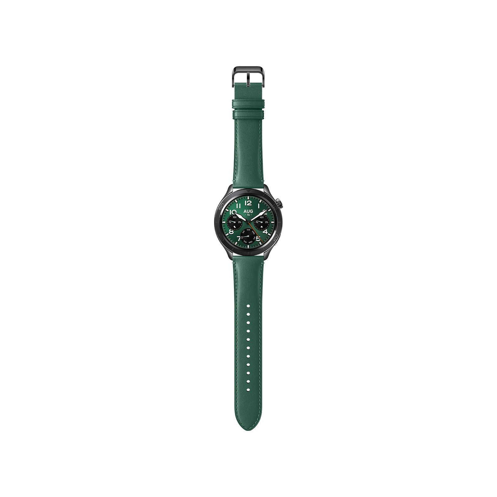 Pine green leather strap with a sleek black bezel, featuring a round watch face displaying multiple dials and a modern design.
