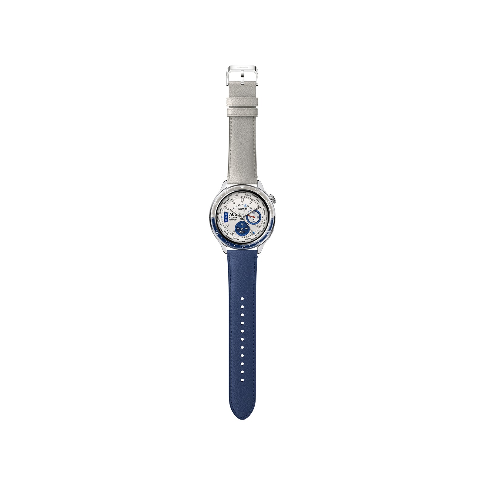 Xiaomi Watch S4 features a dual-tone ceramic bezel with a silver finish, complemented by a grey leather strap and a blue leather strap, showcasing a stylish and modern design.