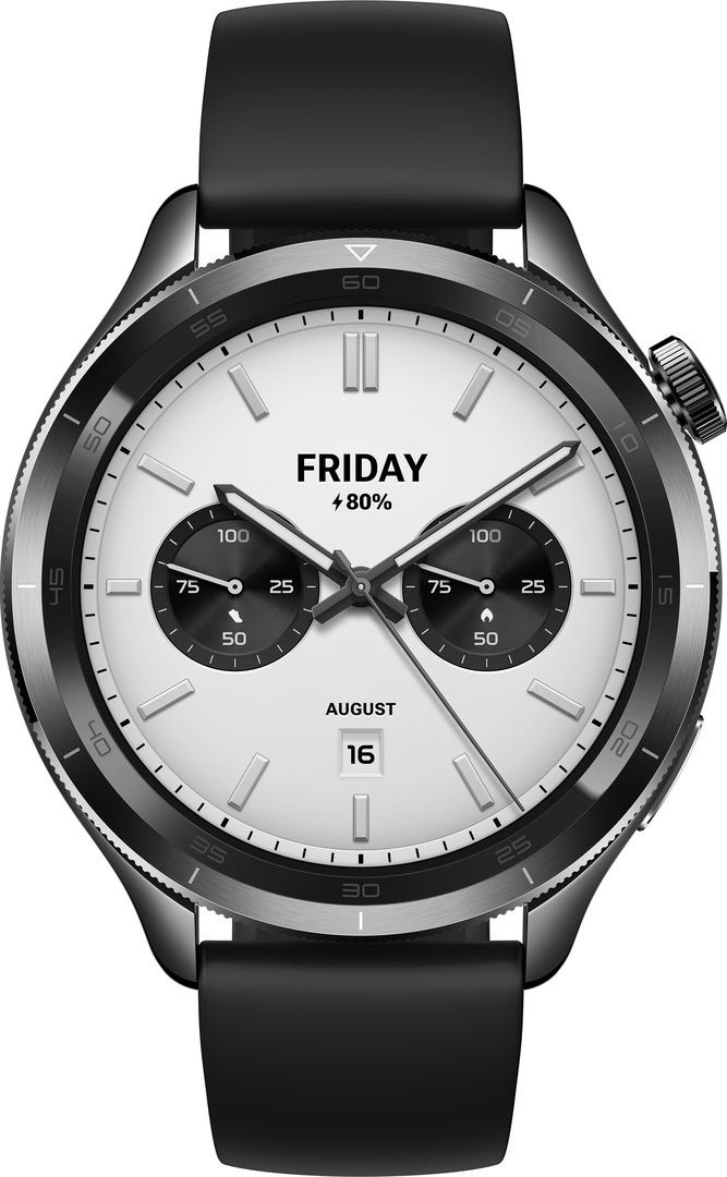 Black bezel for a smartwatch featuring a white dial, dual sub-dials, silver hour markers, and a date display, complemented by a sleek black strap.