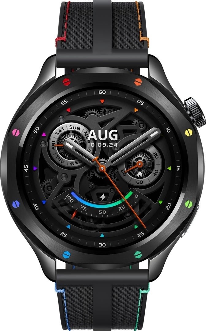Black Xiaomi smart watch bezel featuring a transparent dial with colorful hour markers, intricate gear design, and a textured black strap with multicolored accents.