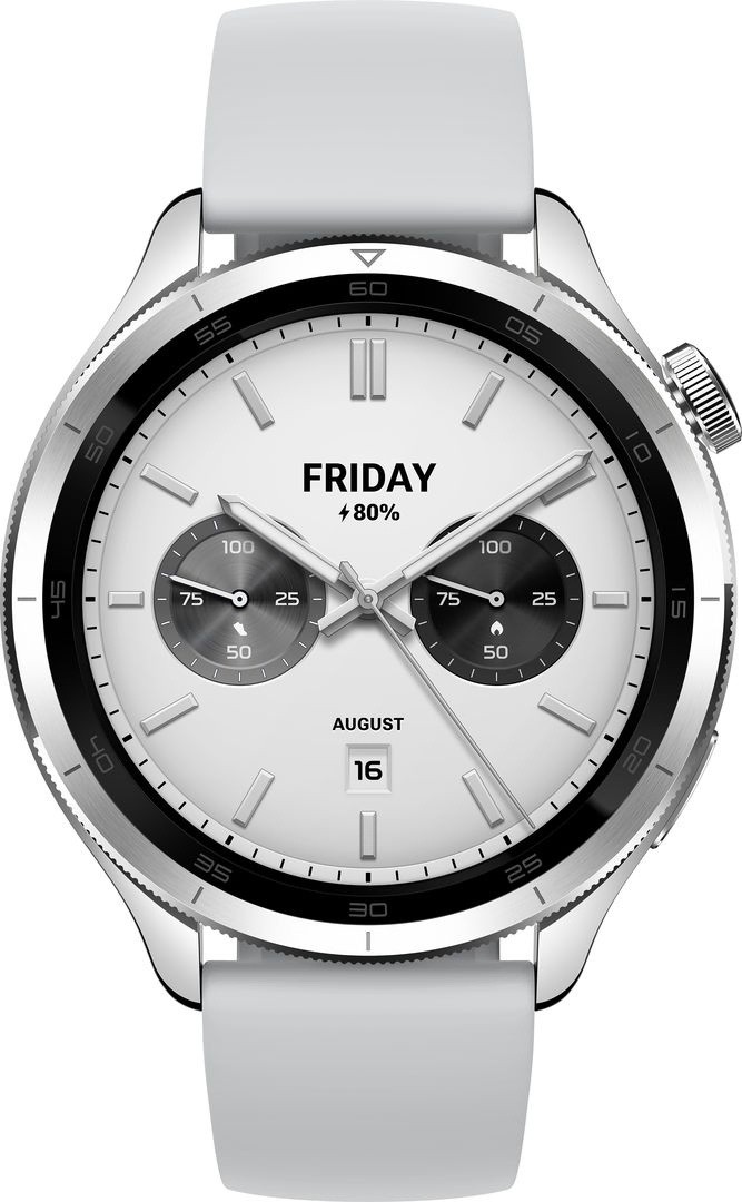 Silver bezel for a smartwatch with a white dial, black sub-dials, and a light gray silicone strap, featuring date and day indicators.