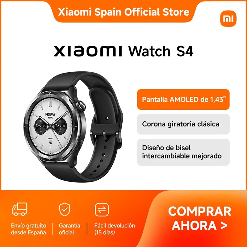 Xiaomi Watch S4 in black with a 1.43" AMOLED display, classic rotating crown, and improved interchangeable bezel design.