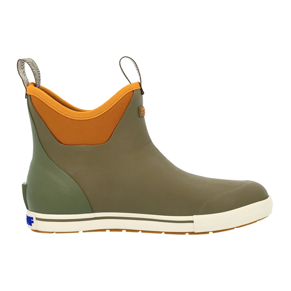 Olive green rubber ankle boots with an orange neoprene collar, featuring a white and orange sole, and pull tabs for easy wear.