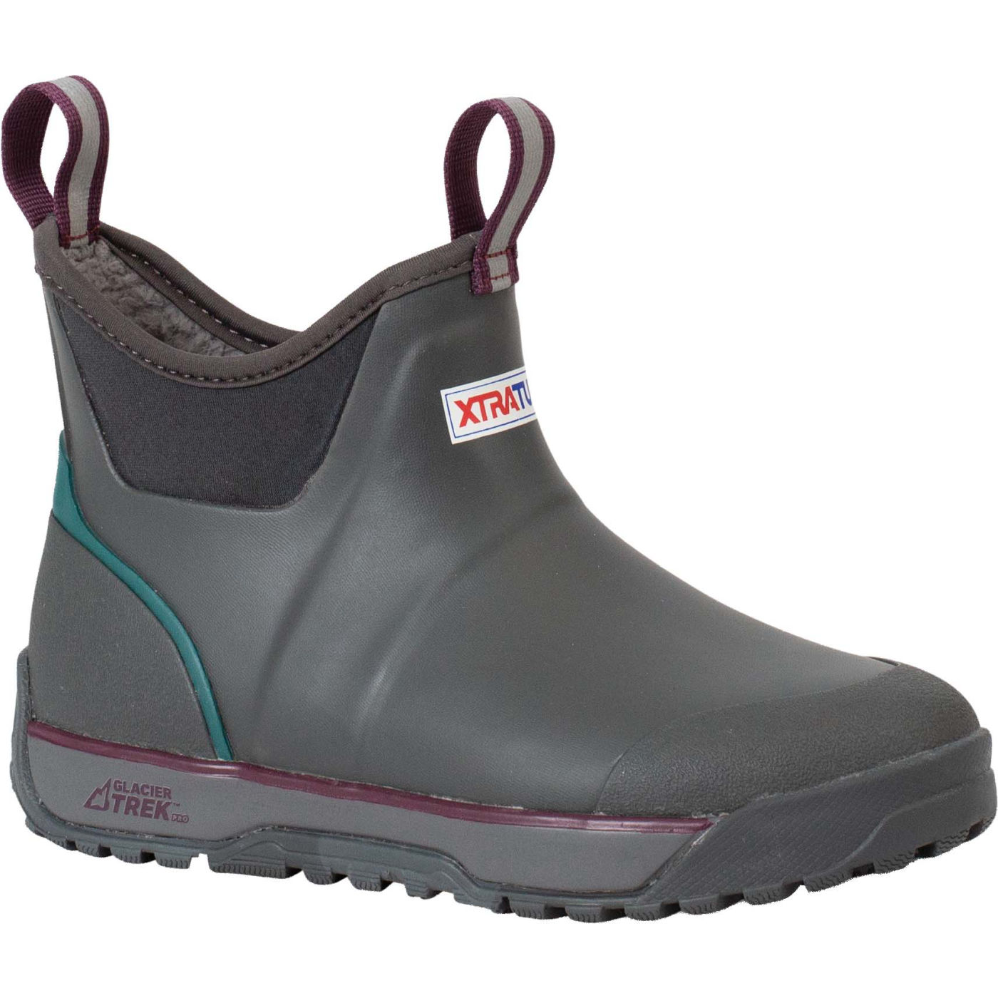 Women's Xtratuf ADB Ice Nylon Winter Boots in Dark Shadow, featuring a sleek dark gray design, waterproof material, and a sturdy sole with a pull tab for easy wear.