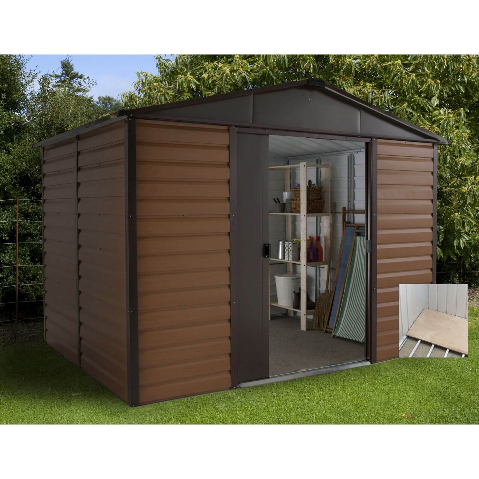 Brown woodgrain metal shed with a slanted roof, featuring a double door entrance, floor support frame, and an interior shelf, set in a green garden environment.