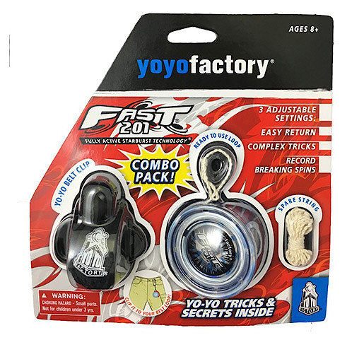 YoYo Factory FAST 201 yo-yo in blue with a white string, packaged with a black belt clip, featuring adjustable settings and a warning label for ages 8 and up.