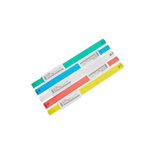 Zebra Z-Band Ultra Soft baby size wristbands in green, blue, red, and yellow, made of soft, flexible material with printed identification labels.