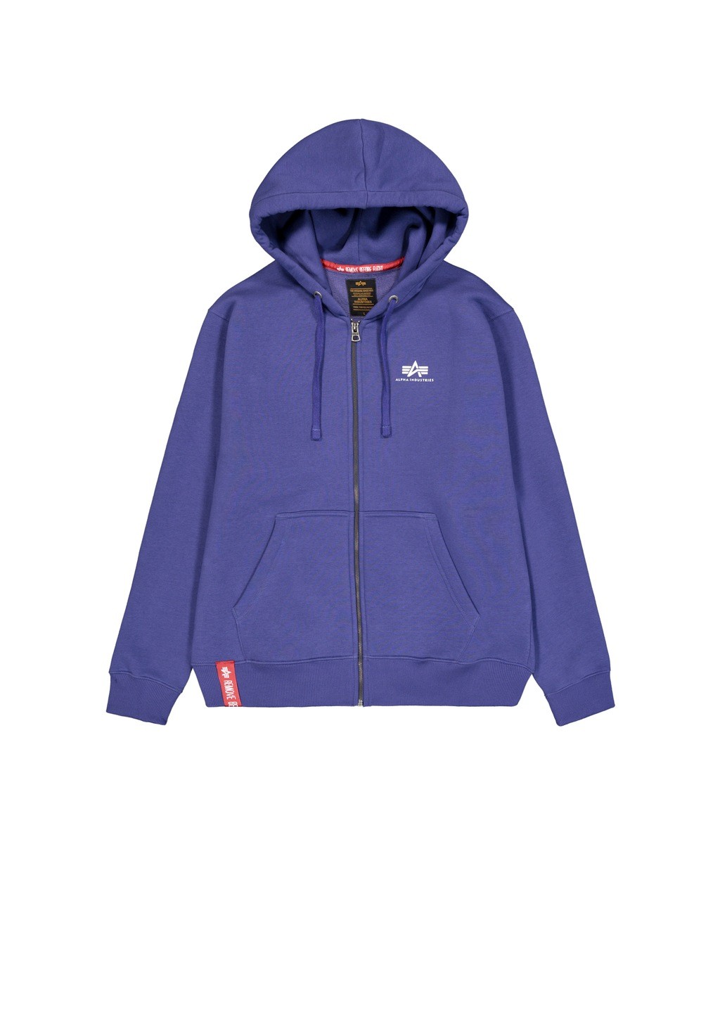 Purple zip-up hoodie featuring a small white Alpha Industries logo on the chest and a red tag on the left sleeve, made from soft, comfortable material.