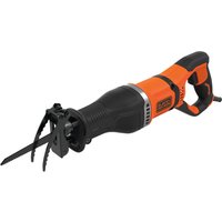 Black and orange Black + Decker reciprocating saw with ergonomic handle and visible blade.