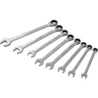 Silver Bluespot Tools 8 piece ratchet spanner set with open and ratchet ends, varying sizes arranged in a row.