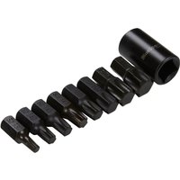 Black Bluespot Tools 9-piece 1/2in impact Torx bit set with varying sizes, hexagonal bases, and durable finish.