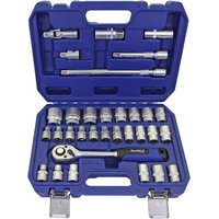 Blue plastic case with 32-piece silver socket set, including ratchet, extensions, and various hex and 12-point sockets.