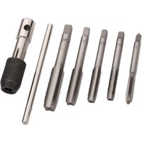 Six-piece Bluespot Tools tap set, silver metal with various sizes, including a T-handle tap wrench and threaded taps.