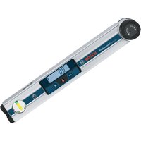 Silver Bosch GAM 220 angle measurer with digital display, spirit level, and black rotating knob.