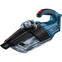 Blue Bosch handheld vacuum cleaner with transparent dust container and ergonomic handle.