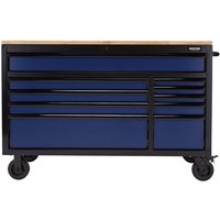 Blue BUNKER 10-drawer workbench roller tool cabinet with black frame, wooden top, and four wheels.