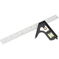 Draper combination square with silver ruler, black handle, brass adjustment knob, and integrated spirit level.