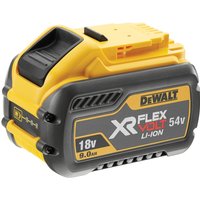 Yellow and black Dewalt XR FlexVolt Li-ion battery, 18/54V, 9.0/3.0Ah, with bold branding and voltage details.
