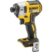 Yellow and black DeWalt 18V XR brushless impact driver with ergonomic grip and metal belt clip.
