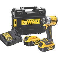 Yellow and black DeWalt impact wrench with two batteries, charger, and branded carrying case.