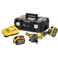 Yellow and black DeWalt angle grinder with two 9Ah batteries, charger, and black carrying case.