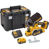 Yellow DeWalt cordless planer with black handle, two 5.0Ah batteries, dust bag, and sturdy carrying case.
