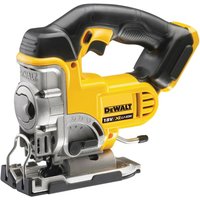 Yellow and black DeWalt cordless jigsaw with ergonomic handle and metal base plate.