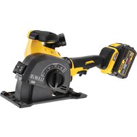 Yellow and black DeWalt wall chaser with ergonomic handle, adjustable depth dial, and two 6.0Ah batteries.