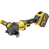 Yellow and black DeWalt 54V XR FlexVolt angle grinder with side handle and 125mm disc.