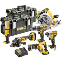 Dewalt 18V XR Brushless kit with drill, circular saw, grinder, impact driver, flashlight, and black tool case.