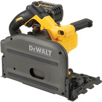 Yellow and black DeWalt plunge saw with ergonomic handle and gray blade guard, includes two 2.0Ah batteries.
