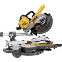 Yellow and silver DeWalt 54V XR FlexVolt mitre saw with 250mm blade and sliding rails, featuring ergonomic handle.