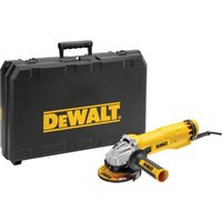 Yellow DeWalt mini grinder with black handle, silver disc, and black kitbox featuring DeWalt logo.