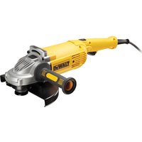 Yellow DeWalt 230mm angle grinder with black side handle, silver head, and power cord, includes a sturdy kitbox.