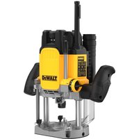 Yellow and black DeWalt 2300W plunge router with ergonomic handles and adjustable depth settings.