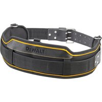 Black Dewalt tool belt with yellow trim, adjustable buckle, and multiple pockets for tool storage.